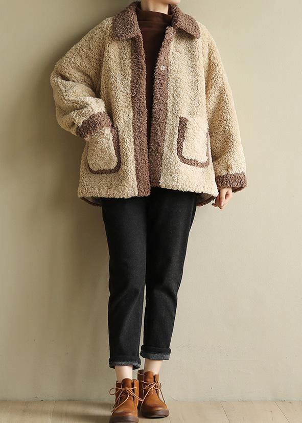 DIY beige Plus Size clothes For Women Tutorials lapel collar patchwork coats - SooLinen