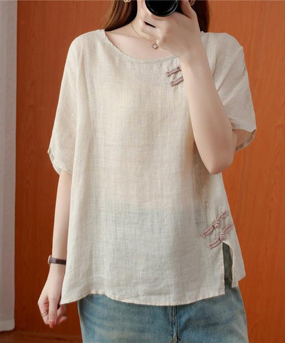 DIY beige blouses for women o neck Chinese Button blouses - SooLinen