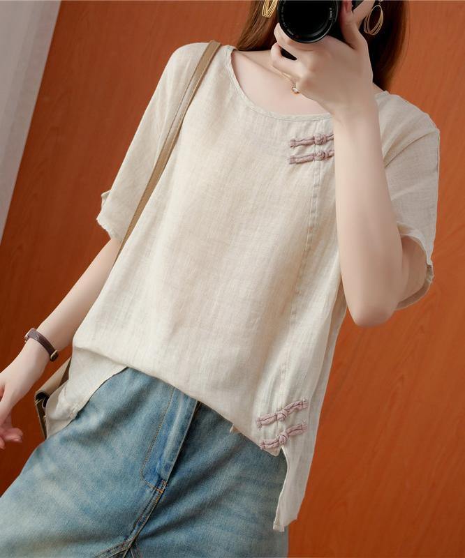 DIY beige blouses for women o neck Chinese Button blouses - SooLinen