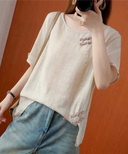DIY beige blouses for women o neck Chinese Button blouses - SooLinen