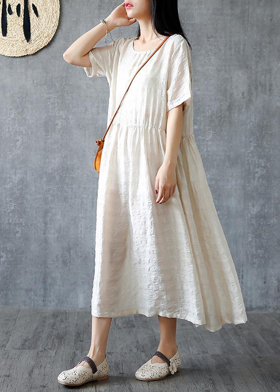 DIY beige linen quilting dresses o neck Cinched Kaftan summer Dresses - SooLinen