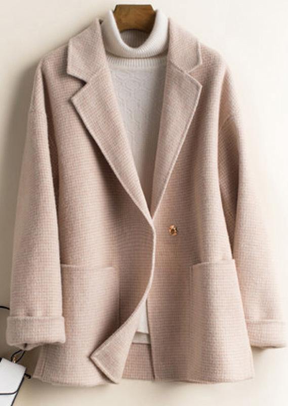 DIY beige plaid Plus Size tunics for women Work Outfits Notched pockets Woolen Coats - SooLinen