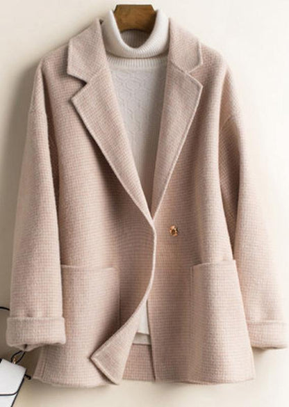 DIY beige plaid Plus Size tunics for women Work Outfits Notched pockets Woolen Coats - SooLinen