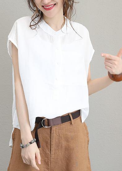 DIY beige white linen shirts women short sleeve baggy low high design tops - SooLinen