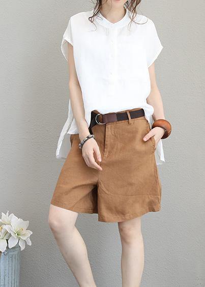 DIY beige white linen shirts women short sleeve baggy low high design tops - SooLinen