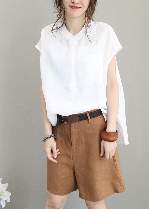 DIY beige white linen shirts women short sleeve baggy low high design tops - SooLinen