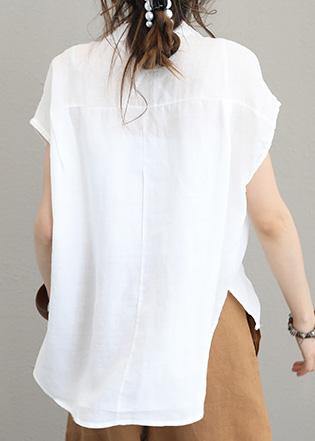 DIY beige white linen shirts women short sleeve baggy low high design tops - SooLinen
