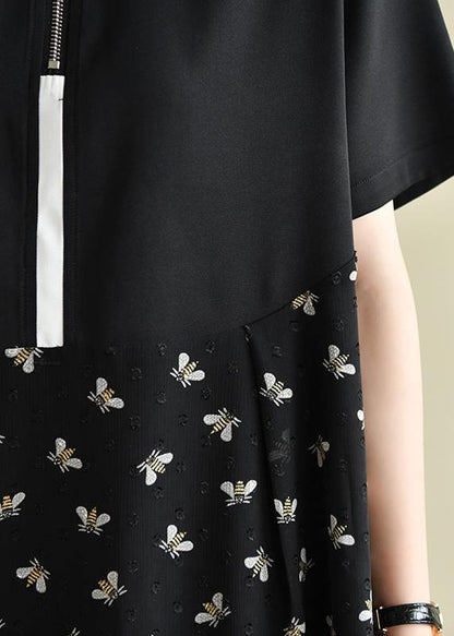 DIY black Bee print lapel patchwork short summer Dress - SooLinen