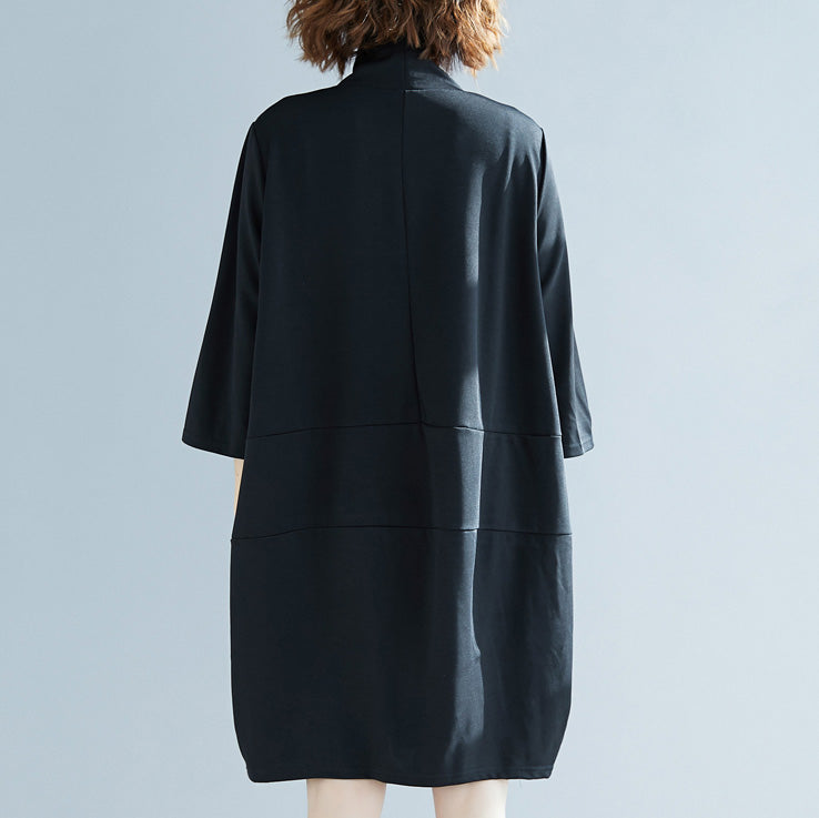 DIY schwarze Baumwolltuniken Feine Modeideen Armbandärmelige Alltagskleider mit hohem Halsausschnitt