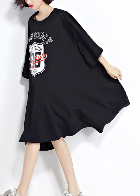 DIY schwarze Baumwolltuniken Damen Muster O-Ausschnitt asymmetrisches Knie Sommerkleid