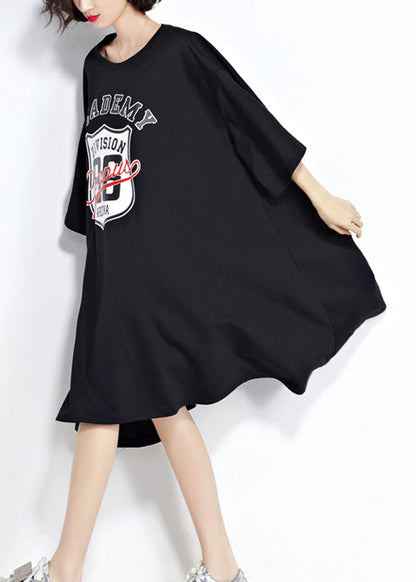 DIY schwarze Baumwolltuniken Damen Muster O-Ausschnitt asymmetrisches Knie Sommerkleid
