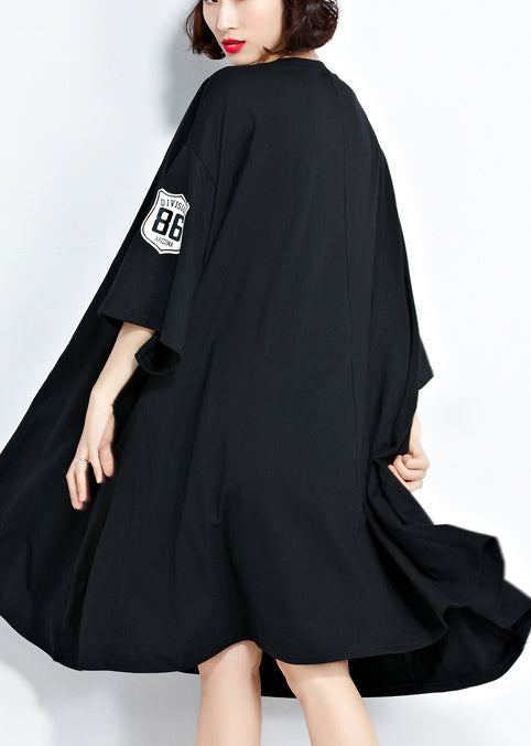 DIY schwarze Baumwolltuniken Damen Muster O-Ausschnitt asymmetrisches Knie Sommerkleid