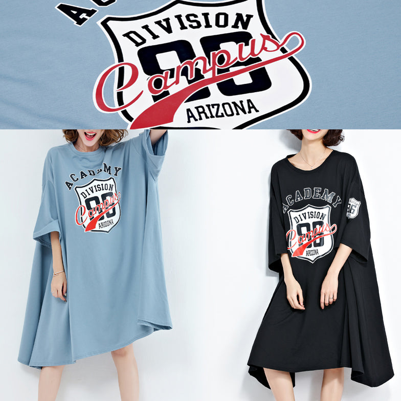 DIY schwarze Baumwolltuniken Damen Muster O-Ausschnitt asymmetrisches Knie Sommerkleid