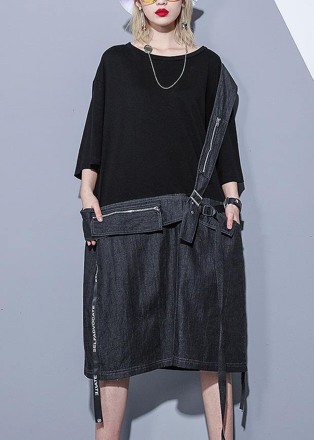 DIY black Cotton dresses o neck zippered oversized summer stylish Dress - SooLinen