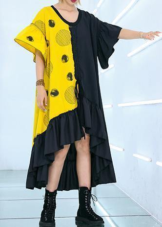 DIY black asymmetric cotton quilting dresses patchwork Traveling summer Dresses - SooLinen