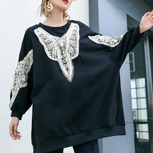 DIY schwarze Baumwolltunika Feine Inspiration O-Ausschnitt Stickerei Plus Size Kleidung Hemd