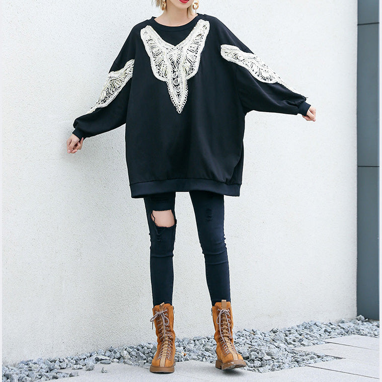 DIY schwarze Baumwolltunika Feine Inspiration O-Ausschnitt Stickerei Plus Size Kleidung Hemd