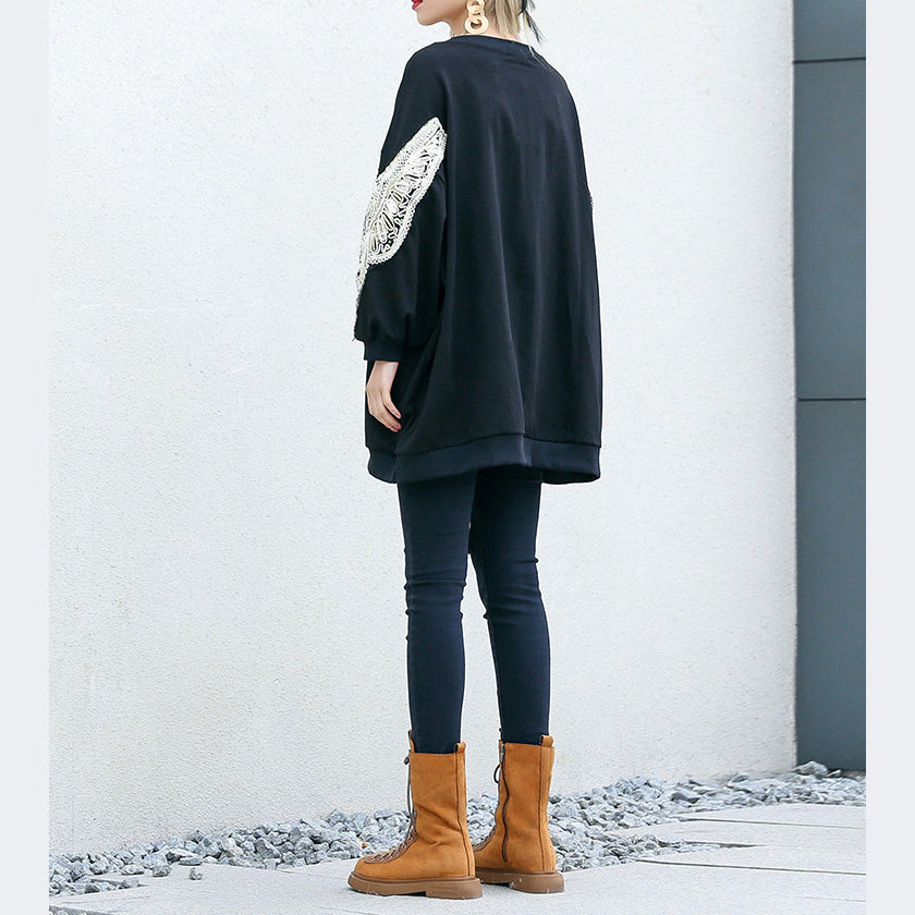 DIY schwarze Baumwolltunika Feine Inspiration O-Ausschnitt Stickerei Plus Size Kleidung Hemd
