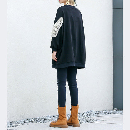 DIY schwarze Baumwolltunika Feine Inspiration O-Ausschnitt Stickerei Plus Size Kleidung Hemd