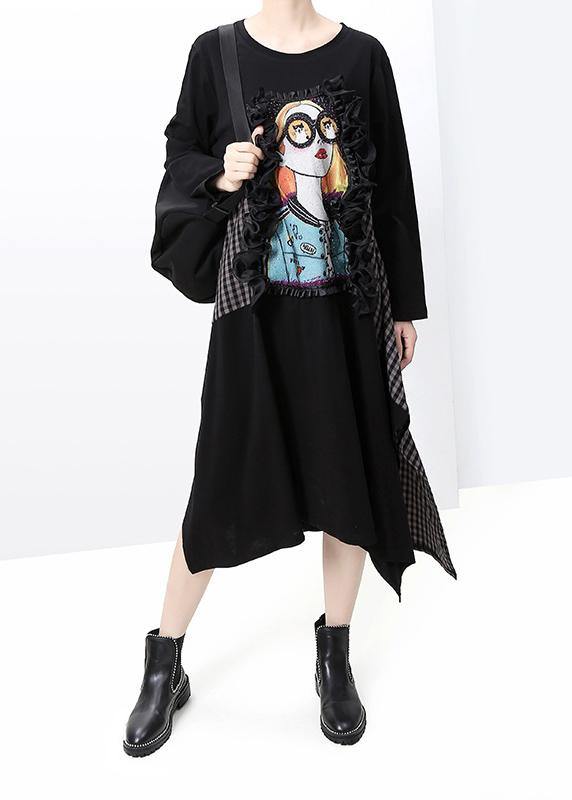 DIY black cotton Tunic girl prints Art patchwork Dresses - SooLinen