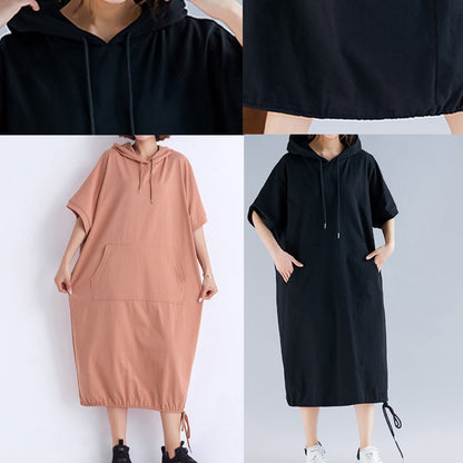 DIY schwarze Baumwollkleidung Frauen Feine Inspiration mit Kapuze Halbarm Plus Size Sommerkleider