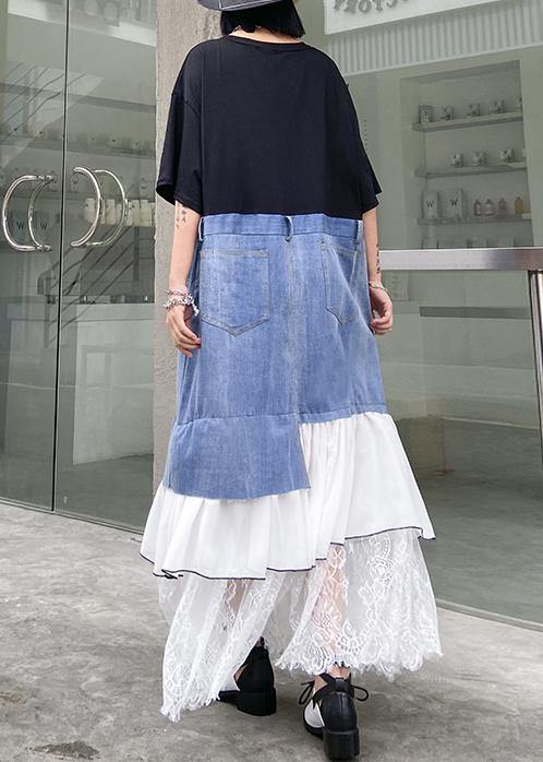 DIY black cotton clothes Women o neck patchwork cotton robes summer Dress - SooLinen