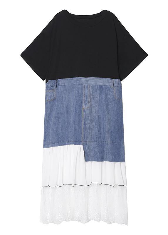 DIY black cotton clothes Women o neck patchwork cotton robes summer Dress - SooLinen