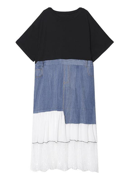 DIY black cotton clothes Women o neck patchwork cotton robes summer Dress - SooLinen