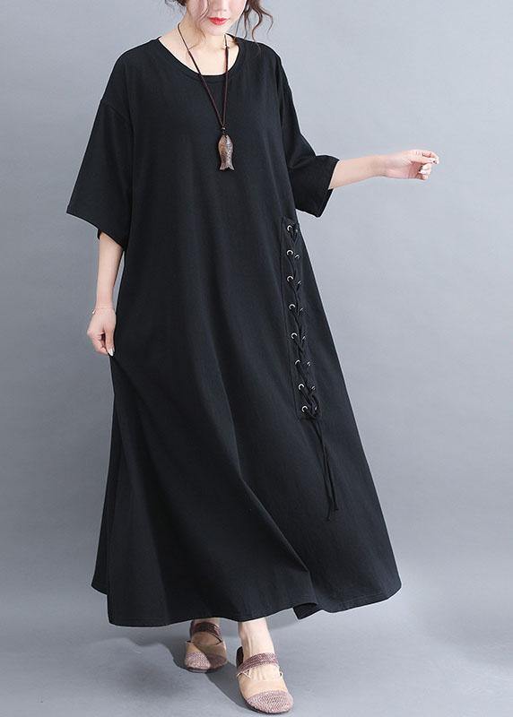 DIY black half sleeve cotton quilting dresses big hem summer Dresses - SooLinen