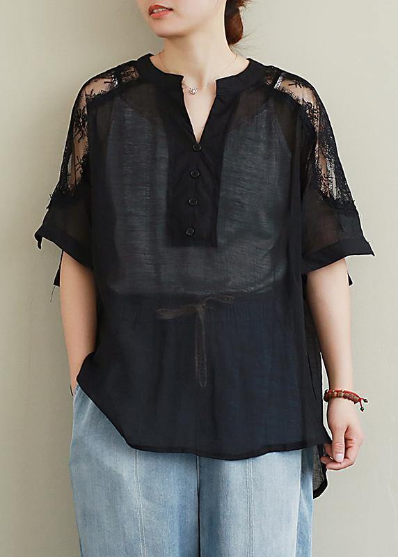 DIY black lace Shirts v neck Plus Size Clothing blouse - SooLinen