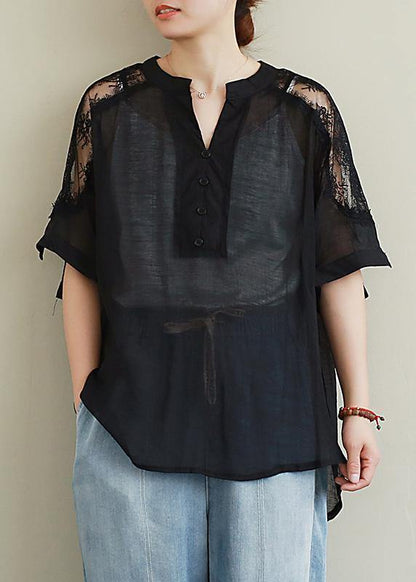 DIY black lace Shirts v neck Plus Size Clothing blouse - SooLinen
