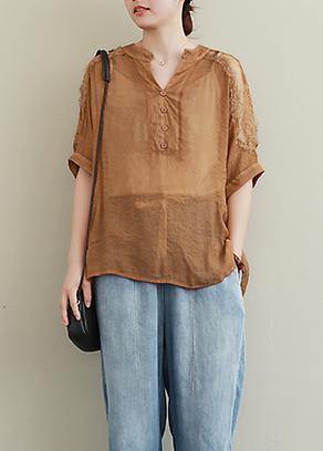 DIY black lace Shirts v neck Plus Size Clothing blouse - SooLinen