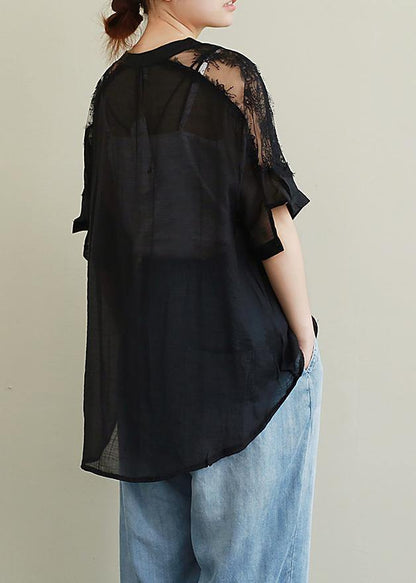 DIY black lace Shirts v neck Plus Size Clothing blouse - SooLinen