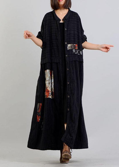DIY black linen cotton coat patchwork Cinched cotton robes fall coat - SooLinen