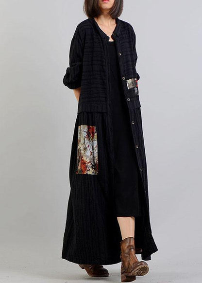 DIY black linen cotton coat patchwork Cinched cotton robes fall coat - SooLinen