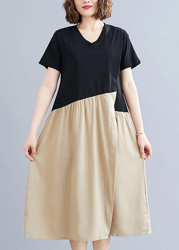 DIY black patchwork khaki Cotton clothes For Women o neck A Line  Dresses - SooLinen