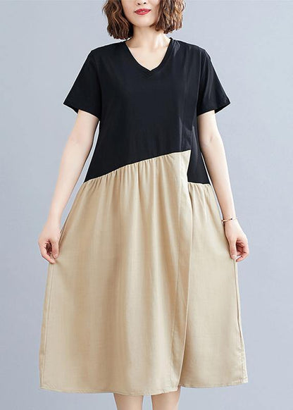 DIY black patchwork khaki Cotton clothes For Women o neck A Line  Dresses - SooLinen