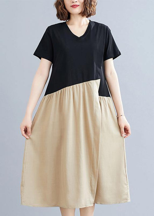 DIY black patchwork khaki Cotton clothes For Women o neck A Line  Dresses - SooLinen