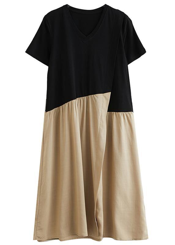 DIY black patchwork khaki Cotton clothes For Women o neck A Line  Dresses - SooLinen