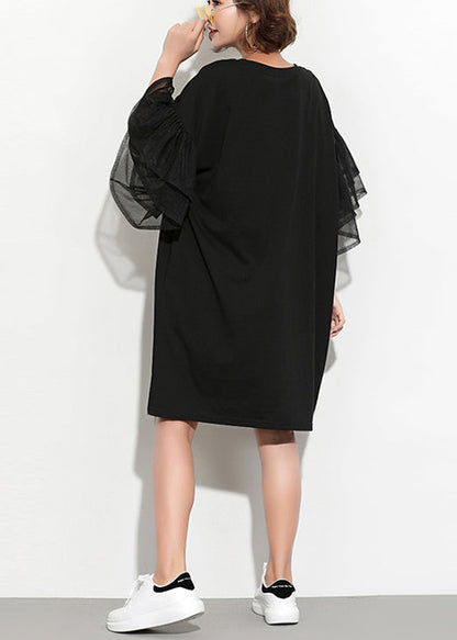 DIY schwarz bedruckte Baumwolltuniken, lustige Inspiration, Rundhalsausschnitt, Schmetterlingsärmel, tägliches Sommerkleid