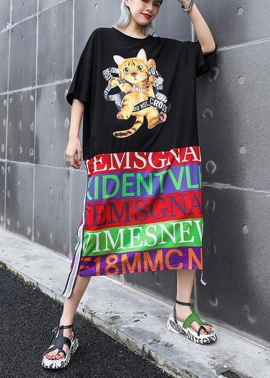 DIY black print Cotton Tunics patchwork o neck summer Dresses - SooLinen