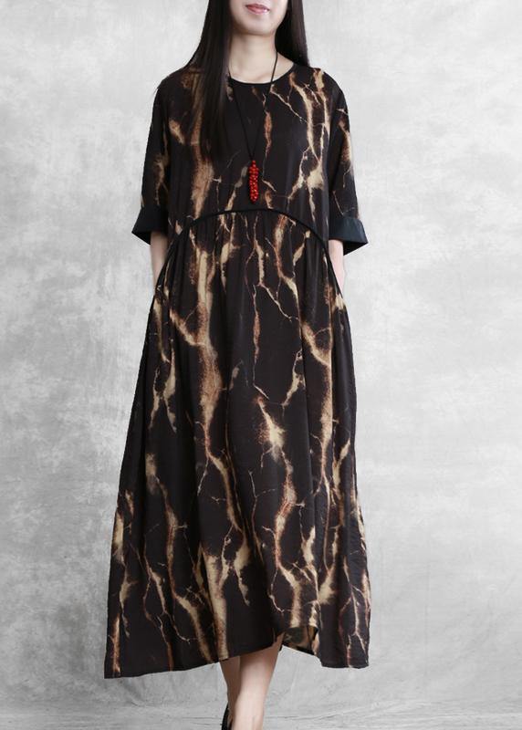DIY black print clothes For Women o neck pockets robes summer Dress - SooLinen