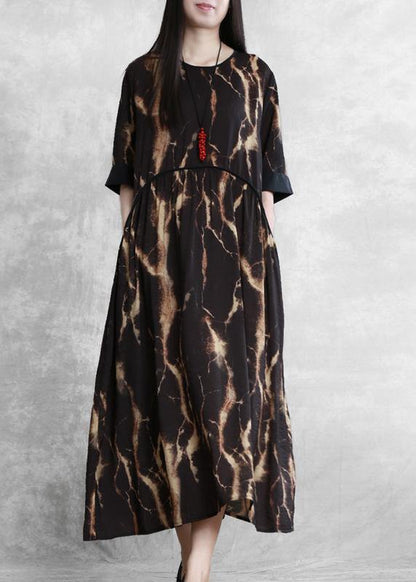 DIY black print clothes For Women o neck pockets robes summer Dress - SooLinen