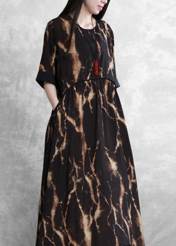 DIY black print clothes For Women o neck pockets robes summer Dress - SooLinen