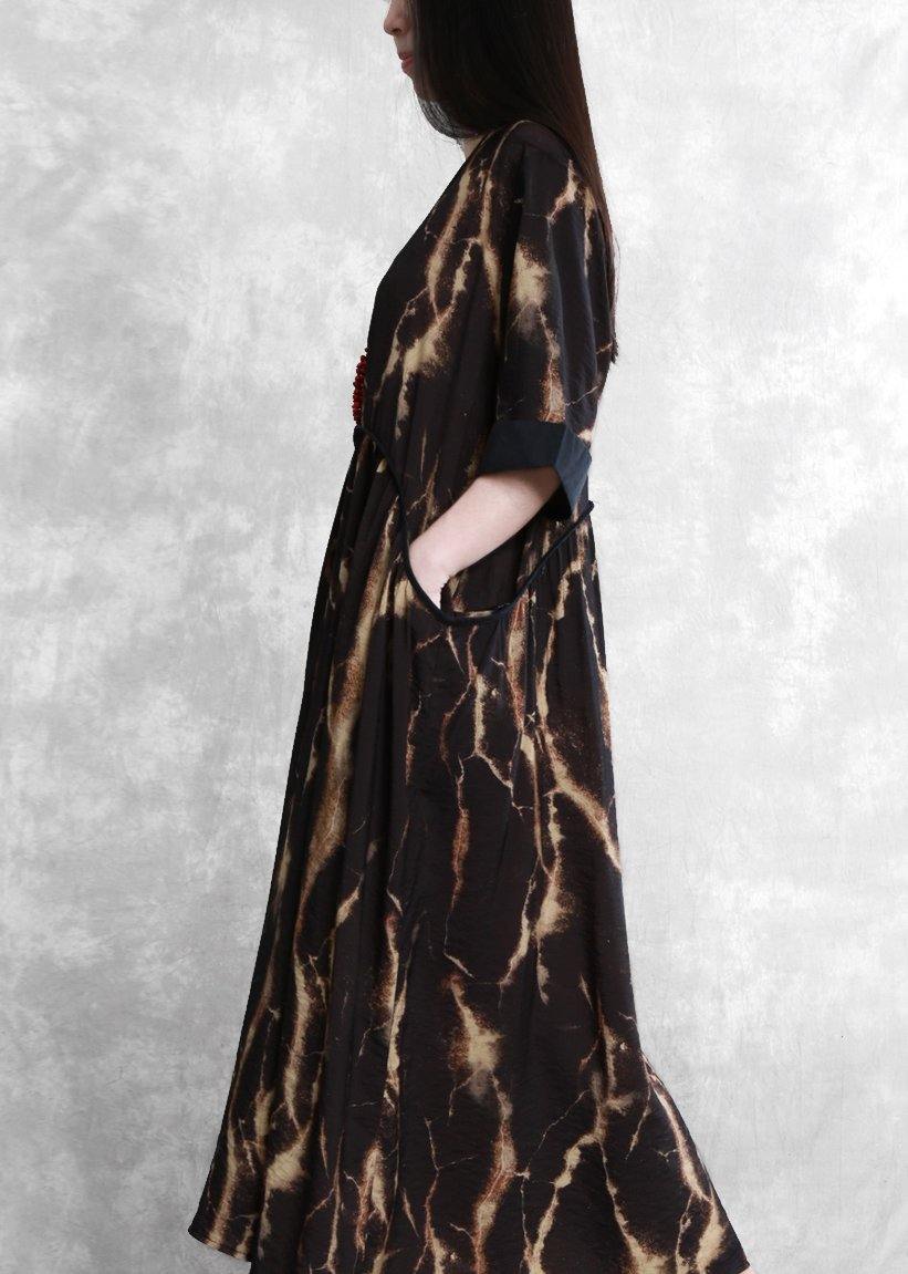 DIY black print clothes For Women o neck pockets robes summer Dress - SooLinen