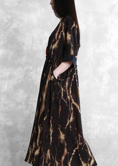 DIY black print clothes For Women o neck pockets robes summer Dress - SooLinen