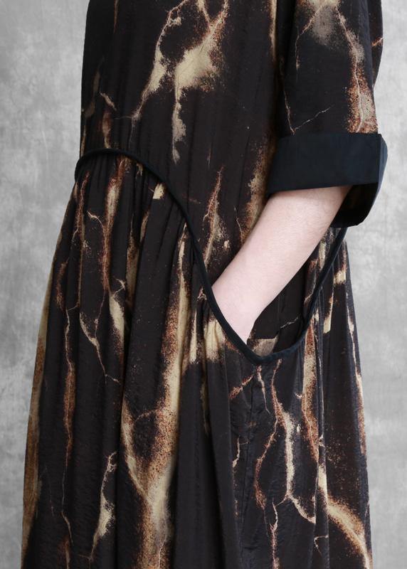 DIY black print clothes For Women o neck pockets robes summer Dress - SooLinen