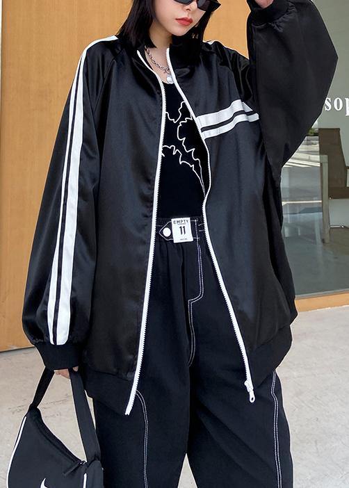 DIY black striped Fine tunic pattern Inspiration stand collar zippered  outwear - SooLinen