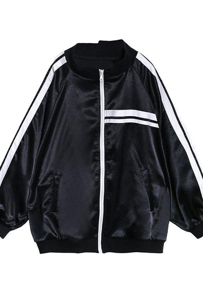 DIY black striped Fine tunic pattern Inspiration stand collar zippered  outwear - SooLinen