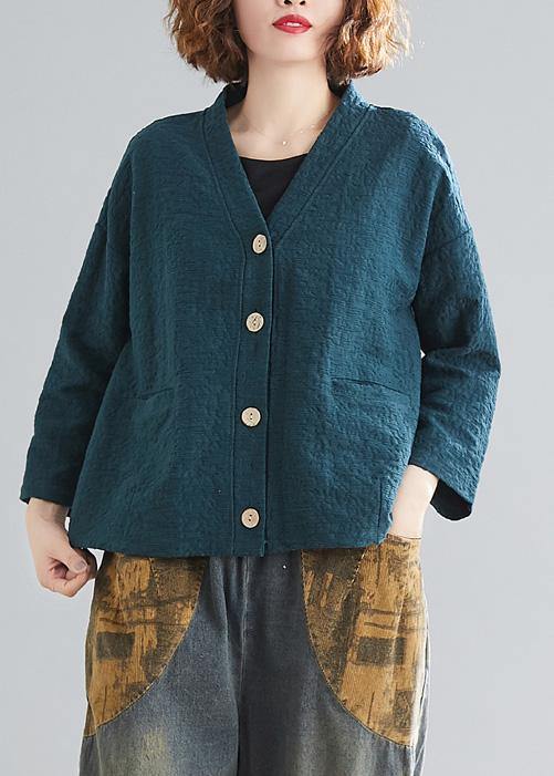 DIY blackish green cotton clothes For Women v neck pockets silhouette spring blouse - SooLinen